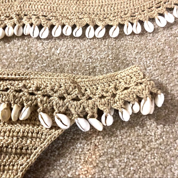 NWT S/M M/L crochet cowrie shell cheekini gold-beige wide thong low rise bikini - Picture 6 of 10
